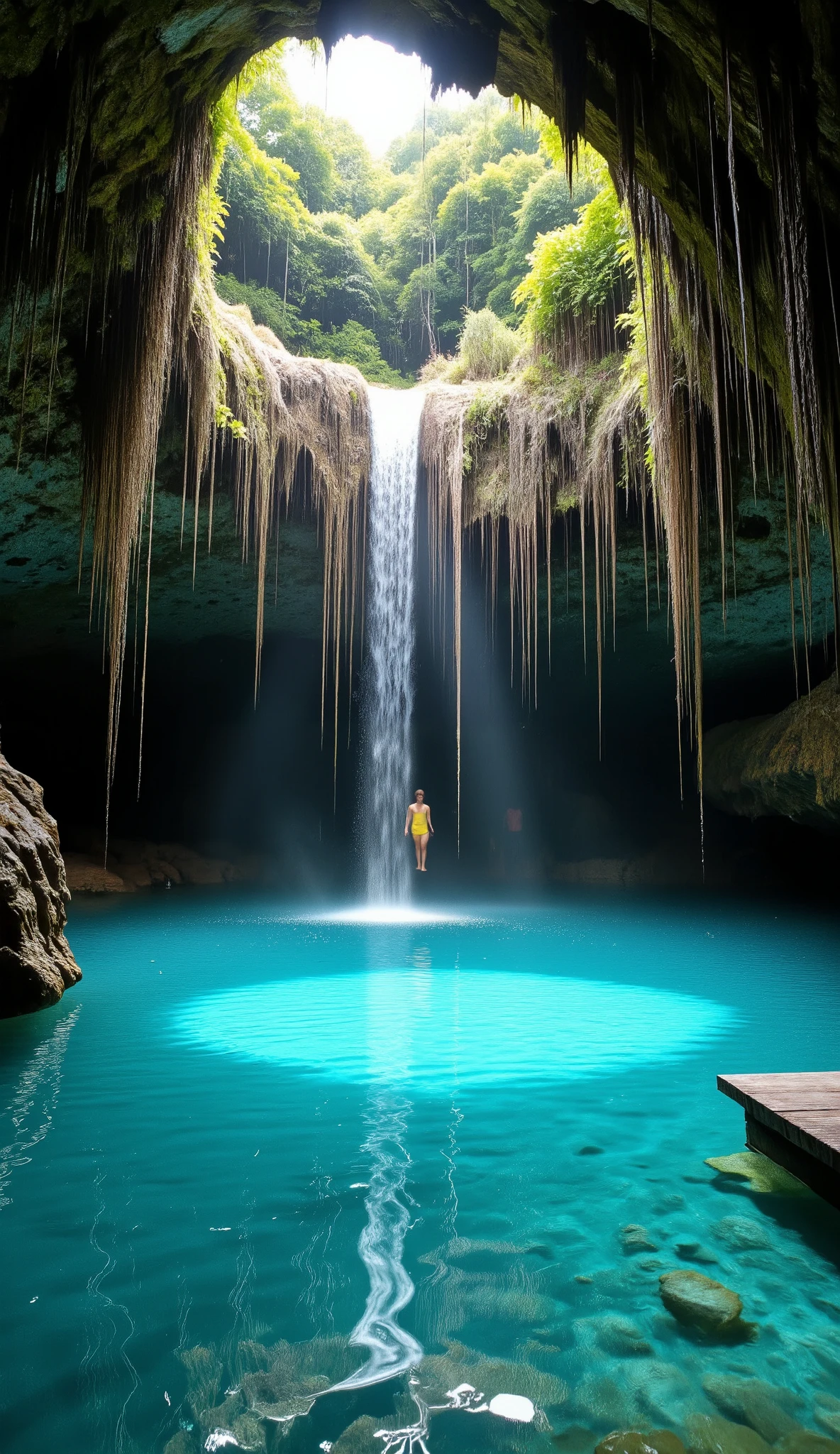 in high-definition images、The cenote is breathtakingly hidden、long vines and roots hang down、exudes a mysterious and enchanting atmosphere。The surface of the water remains 、A rustic wooden platform extends over the water。What is a natural underground sinkhole filled with crystal turquoise blue water、the water is incredibly clear and quiet。merges with natural rock layers and blends into the landscape、The woman in yellow can be seen in a small size、simple clear water and bright sunlight、a simple wooden platform spreads out on the surface of the water。