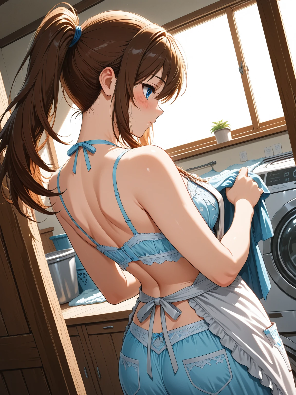 Anime girl in bikini and stockings standing in laundry room, Enchanting anime girl, Smooth anime CG art, Realistic young gravure idol, Realistic Bikini, tits, , Naughty, A sophisticated gravure idol, Anime Moe Art Style, Cute girl anime visuals, I also make fan art, Anime Best Girl, Beautiful and attractive anime teen