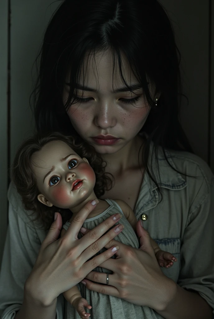 3D，Animated comic quality，Night，Inside high-rise buildings，inside a room，Mom holding the baby，weeping，Sad and scared。The child is afraid，weeping