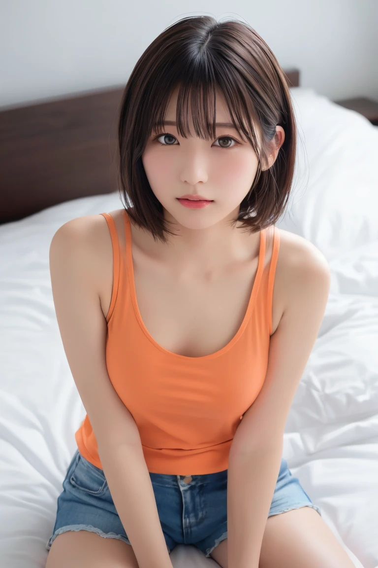 Japanese female, (underweight), (medium bust best quality:1.5), 30 years old,
((Voyeurism)) ,tired, neutral, semi long, (red tank top), (trunks), in the living room, full body shot, (pinhole camera:1.3)