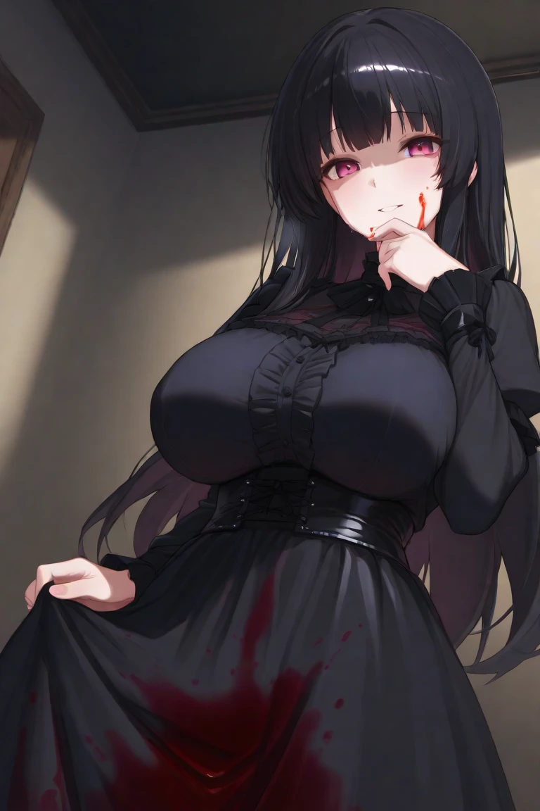 murderous woman with big breasts, huge dress dragging on the floor, huge black hair, blood soaked body, blood soaked face, woman covered in blood, seen from above, body on the floor