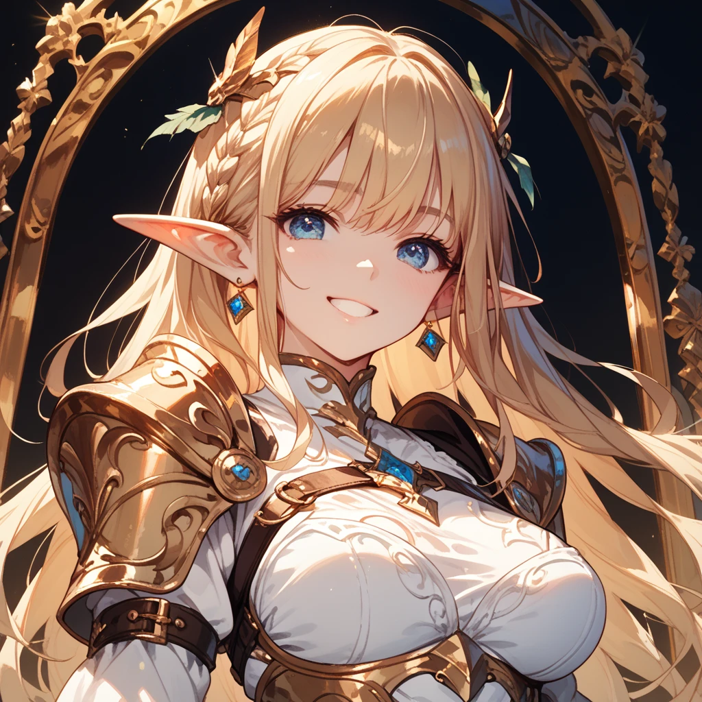 Highest quality、Very detailed、High resolution、16k、Thin contours、耳の長いElf、Nipples are visible、Shining golden armor、Gold bikini armor、Very large breasts、Extremely transparent skirt、Wearing black pants、chest proportion、Smile of the Goddess、Very white skin、Beautiful fingers、Perfect Style、Elf、No bra、Blonde hair and blue eyes、Cool smile