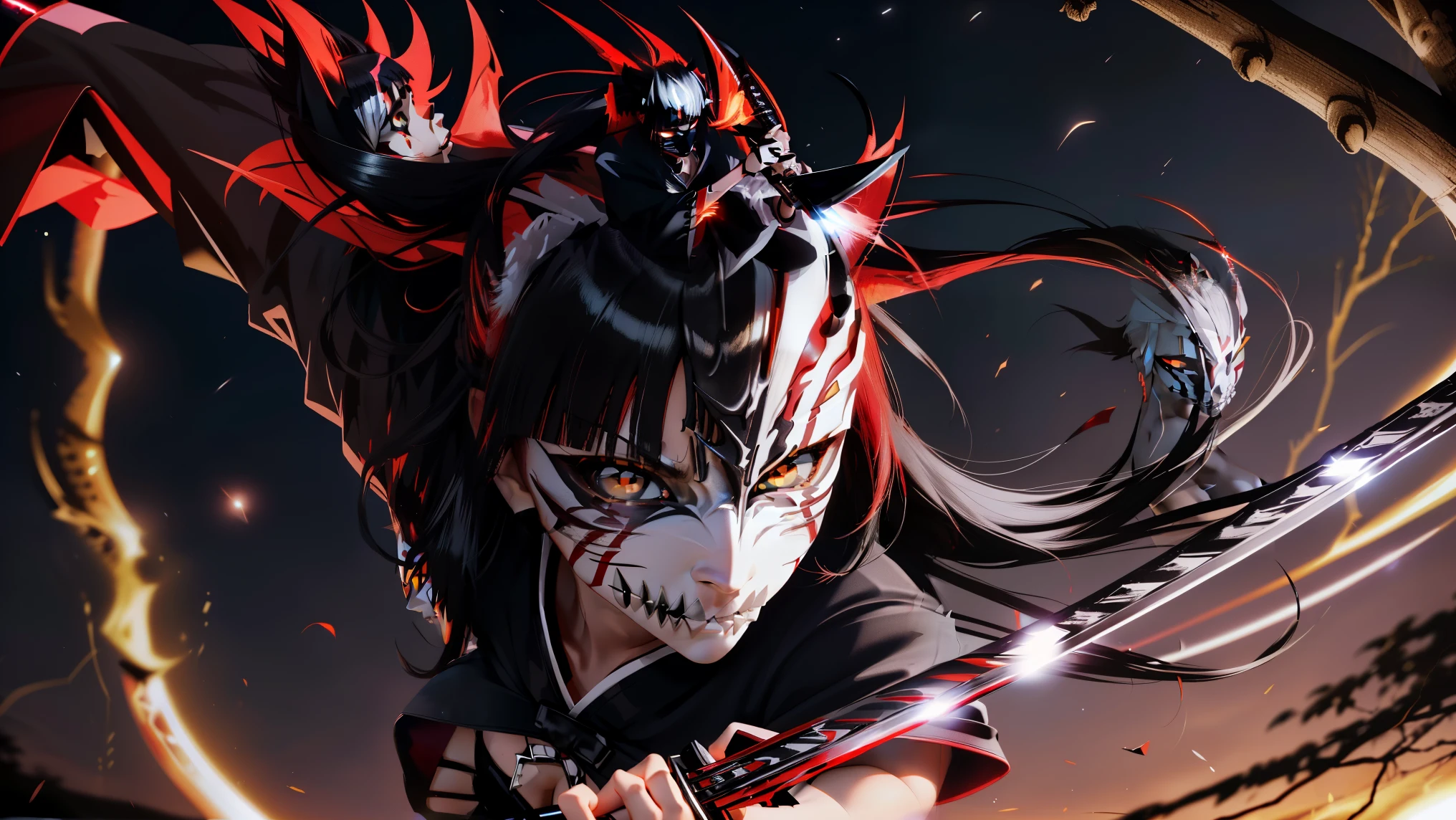 solo, masterpiece, hires,high resolution, best quality, (action shot) of bratz, large breasts, beautiful, black Shinigami battle dress, ((cat girl, cat black ears)), (red eyes), (long hair), (( black hair, (Ahoge), straight bangs,)),, (hollowfication, red liquid mask:1.3), glowing eyes, spiky teeth, looking at viewer, (hailoknight, Solo, 1girl, holding glowing katana infront of her, holding sword:1.4), photoshoot, on top of a large colomn, nighttime, white desert background