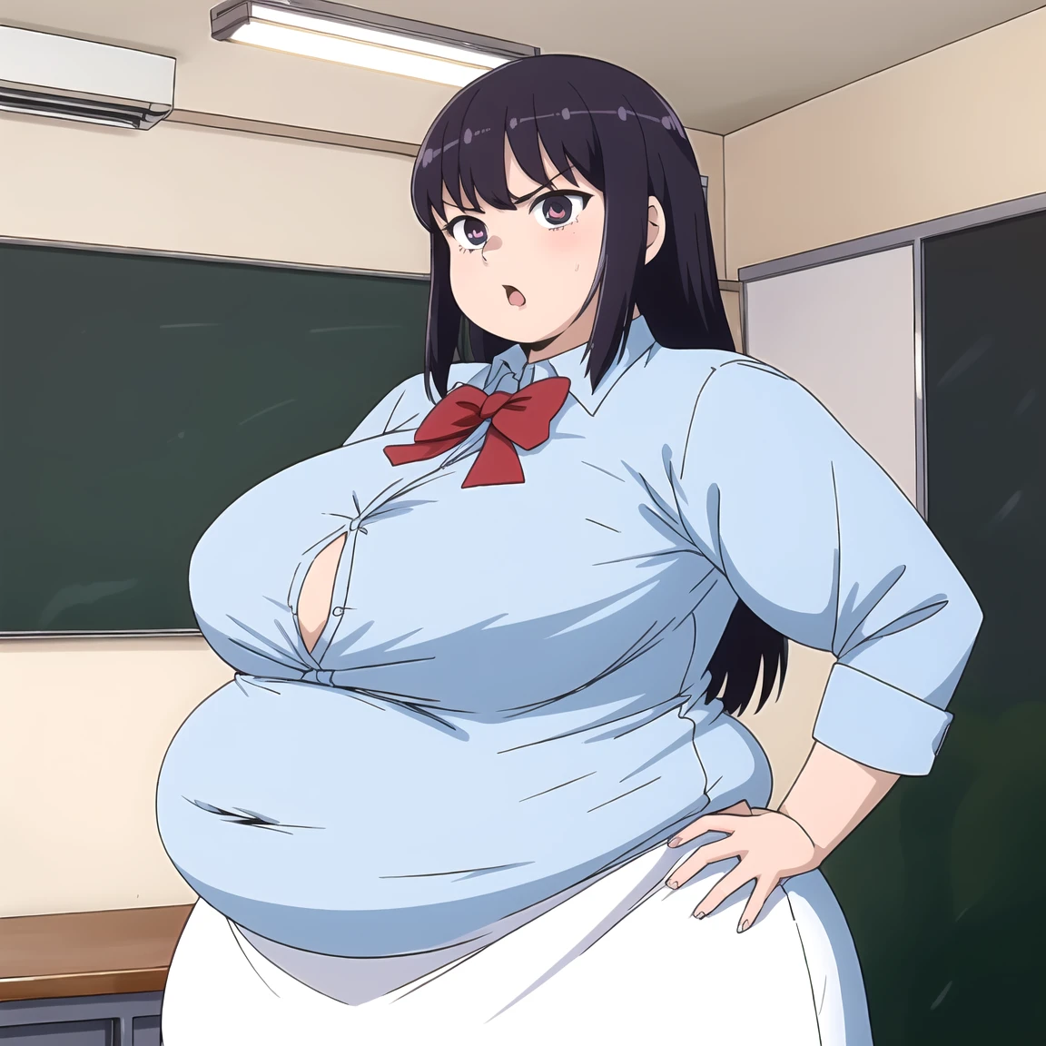 Draw Draw an anime of a fat woman being bullied and having water poured over her head in the school cafeteria.