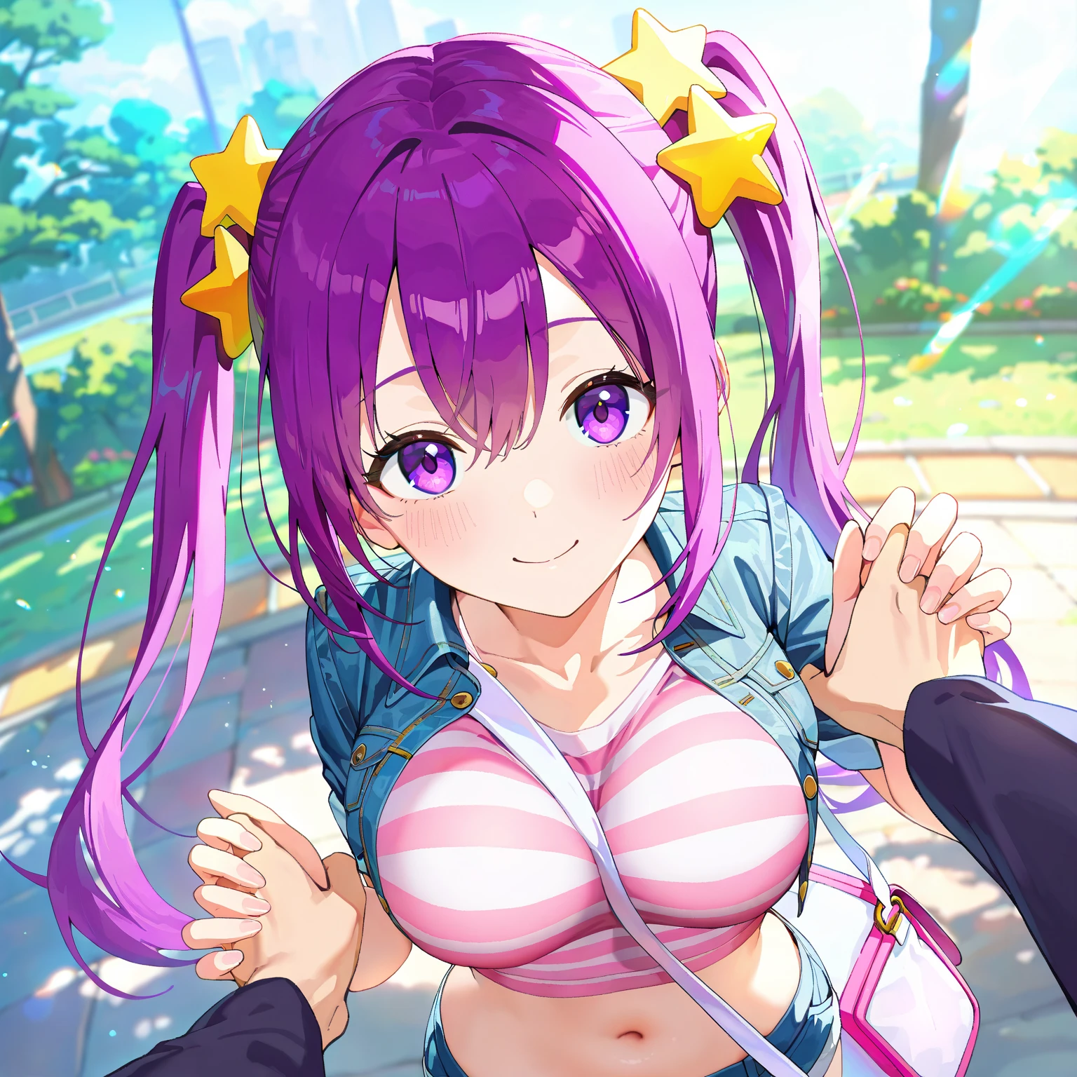 pelo color rosa, ojos azules, blue eyes, intense blue eyes, iris azul, labios enormes, ponytails hairstyle, double ponytails, pechos grandes, Figura de reloj de arena, (cintura estrecha), confianza, superioridad, malcriada, muslos gruesos, de pie, bajita, little, parque (garden, Arbustos, arboles, flores, Vegetation), tema rosa, camisa blanca, sonrisa, medio plano, grueso, Caderas grandes, cintura muy estrecha, grandes pechos, escote, labios grandes, pechos grandes, , little, 