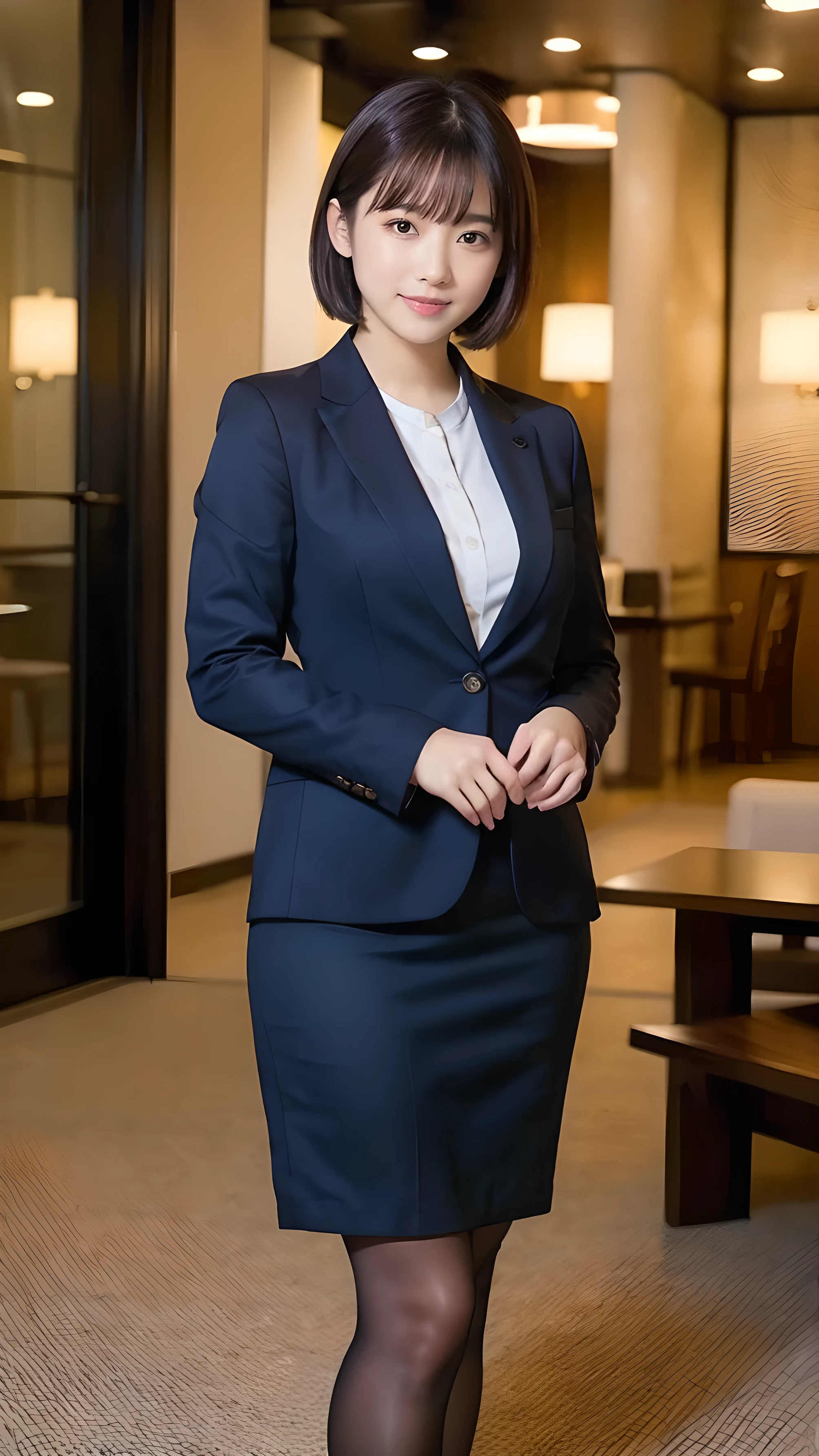 Masterpiece,Best quality, (maam. clerk:1), ((Portrait:1.3)), Cross arms， Smile，Gray library，Long legs，skin hyper-detail，Clear pores，in a panoramic view，Cocked buttocks，black lence stockings，Beautiful young Japanese woman over 40 years old,  Perfect face, Fantastic look,  (Detailed facial features),  Clean and nice face