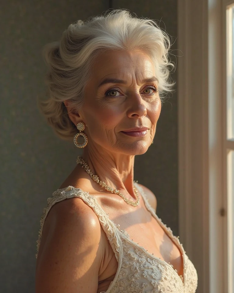 Highest quality, masterpiece, High resolution, Realistic, RAW Photos, 8k wallpaper, perfection, Professional Lighting, Very detailed, ((One beautiful woman)), 80 years old, ,((Rear View))Sexy Woman, ((leotard)), Cleavage, Upper Body, ((look into the viewer'eye)), Detailed face, Beautiful eye, ((I'looking forward to it)), In the stylish dining room, sunny, bangs, Shapely breasts, Short Bob Hair, Plump and glossy lips, Cowboy Shot, ((Place your arms between your legs))
