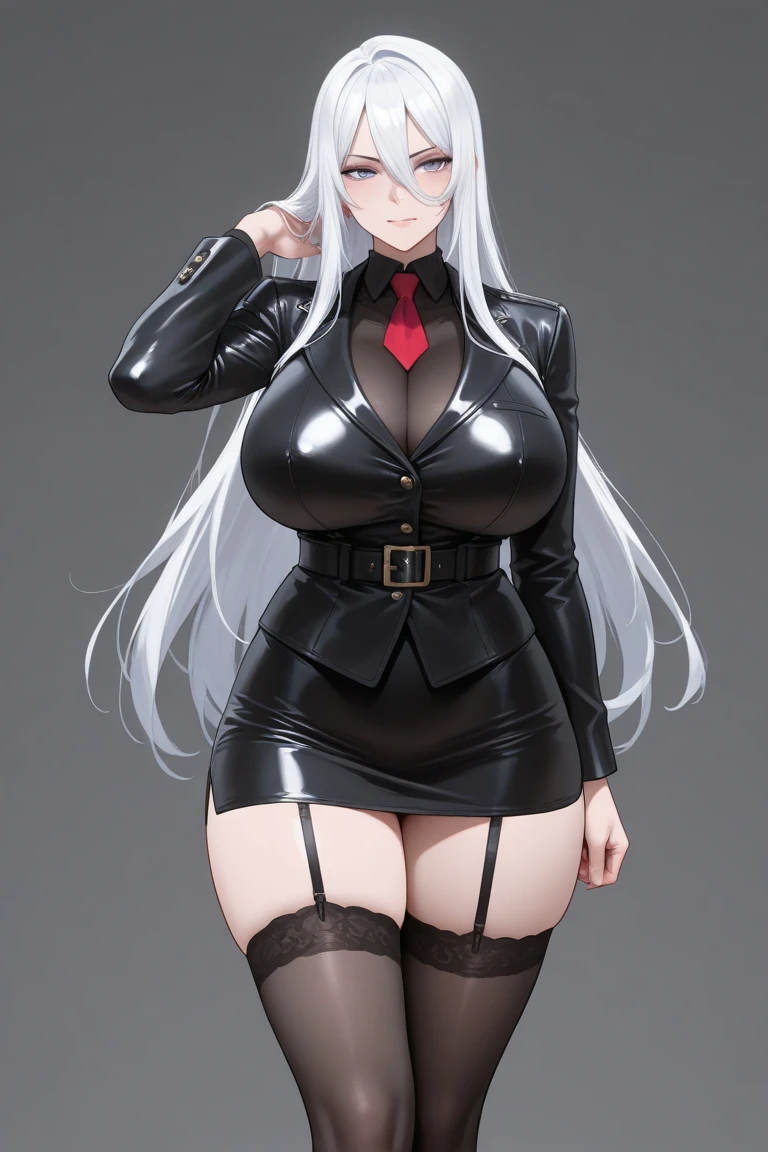 female, silver long hair with black highlights, red eyes, (((1girl))), (((red suit with black pinstripes))), (red knee length skirt with black pinstripes), (black dress shirt), (black ankle boots), (black stockings), (red wide brim fedora with black rose), cute and sexy, full body, large breasts, large butt, long legs, smiling