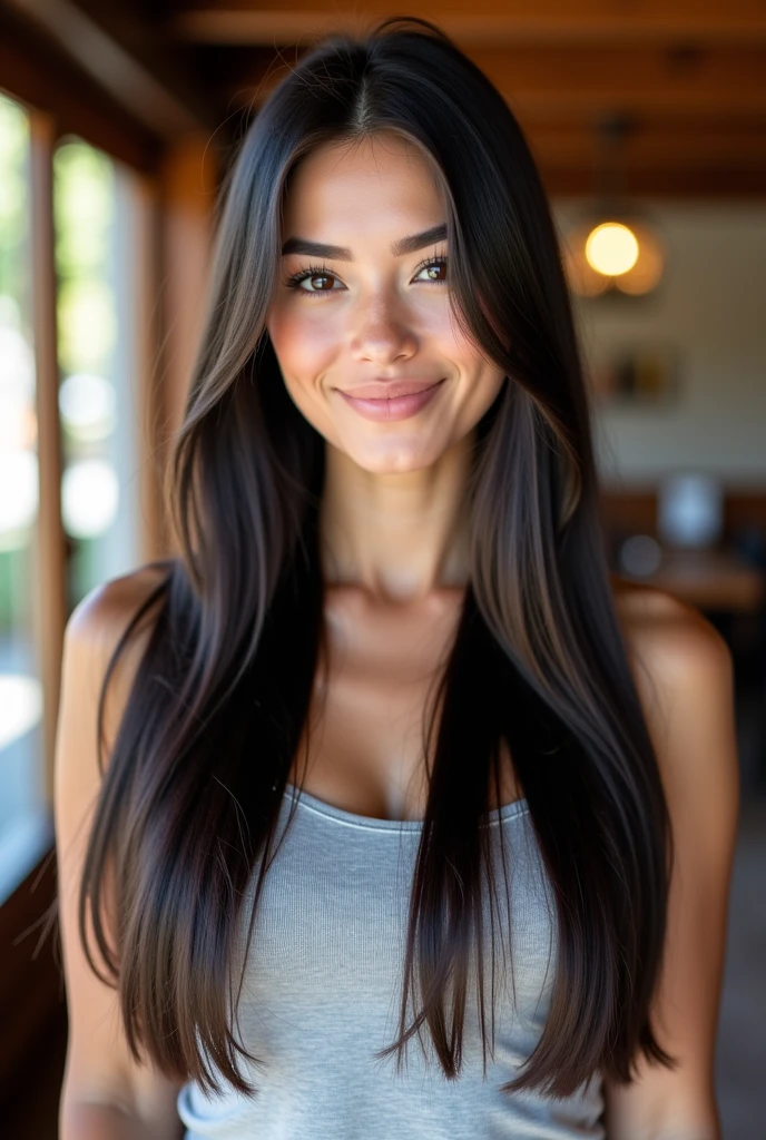 Realistic girl, black hair, sexy lips, beautiful smile, capture on best camera