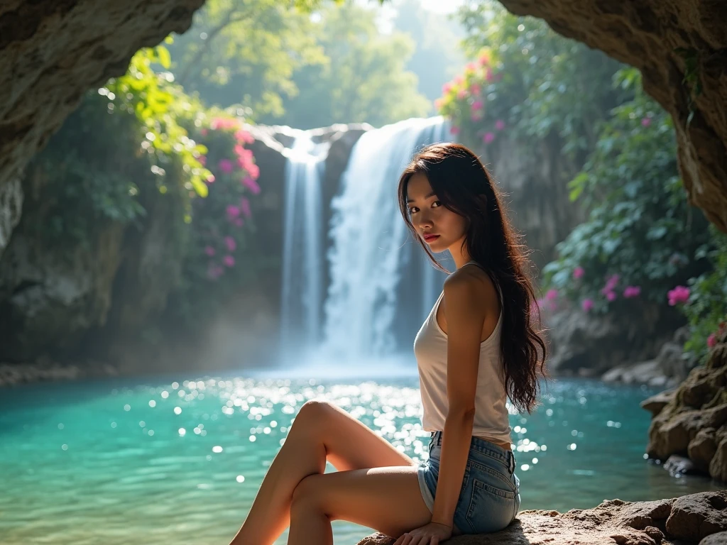 A girl is enjoying a refreshing moment at a waterfall, seated on a large rock amidst cascading water. They are wearing a pink bikini and their long hair appears wet, blending with the watery backdrop. Surrounding them are dark, wet rocks, glistening under the falling water. The scene exudes a sense of serene natural beauty, with the dynamic flow of the waterfall and the tranquil ambiance it creates. The overall setting captures a vivid connection between human and nature in a picturesque, serene environment.