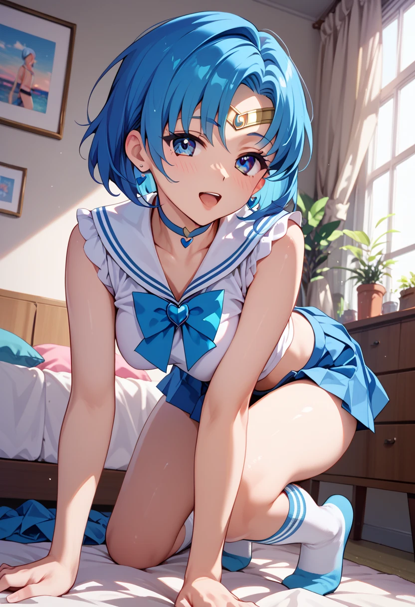 Cornflower Art, Dreamy, (Masterpiece, Top Quality, Perfect Anatomy, Beautiful Face, Realistic, Super Detailed, 1 Girl, 18 Ears Old Man, Solo, Depth of Field, Canon 24mm Lens, F1.4, cute_girl, sailor_ Collar, Clear Facial Features, Short Sleeves, Small, Slender Height, Height 170, Barefoot, Double Ponytail, Bangs, Gravure Pose, Indoors, Slouch, Chest gap jungle, blurred background, (Uwabaki: 1.1576)) whole body, clear liquid dripping from the crotch, the front of the shirt is exposed, breasts are visible, transparent bra, light blue striped buns, erotic, , NSFW movie,