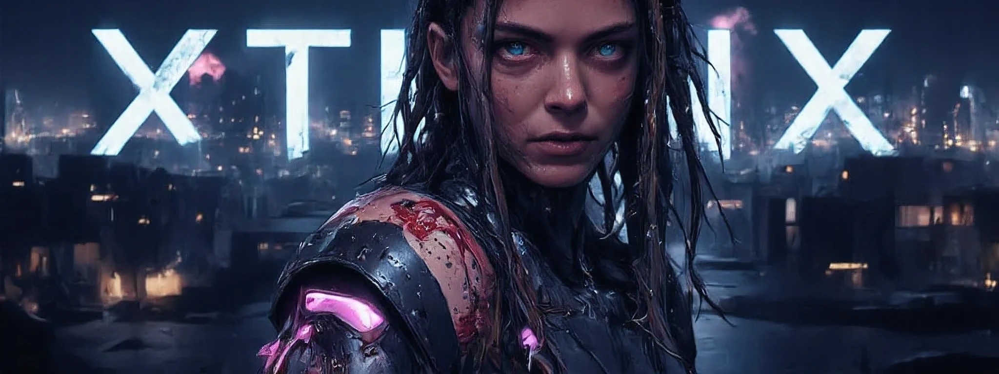 A post-apocalyptic and artistic representation of a full body android with an intriguing blend of organic and mechanical elements glares at the viewer. She is severely injured, bleeding from cuts and scrapes and a gunshot wound to her shoulder. Her expression is determined and grim, adding to a sense of power in the image. She has dreadlocks with neon purple lights at the tips. The clothing is leather and metallic. It is smashed and broken, revealing glimpses of skin and under armor. The lighting is very dark, the city is dead, only the lights of her armor casting subtle shadows that accentuate the contours and mechanical details. The background is the silhouette of a bombed city in the distancebackground, creating a quiet yet powerful atmosphere. The shooting angle is elevated, with a sense of depth due to shadow play and the positioning of mechanical elements. The overall composition and technical execution present a seamless blend of organic and technological features, evoking themes of future, integration, and identity. 8k super hd, uhd (full body:2)