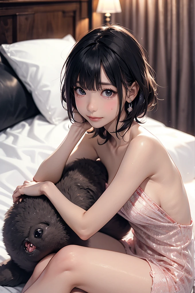bedroom、cat bed、cats around、(realistic shadows)straight ahead、focus on breasts、curly hair、white elastic、short hair、(colorful inner hair Black hair + pink inner hair)、brown eyes、、medium breasts、 Elegant pose、smile、A good wink(Drunk:1.2)slim head tilt 、thin waist、white micro bikini
