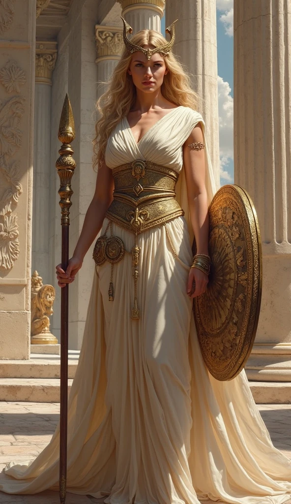 A female knight with Shield known as the Queen's Shield, best quality, masterpiece, white hair, gold eyes, white clothes, looking up but full body, full body, white silk dress with deep cleavage, bare feet, amber necklace, red lips, seductive gaze, volumetric lighting, realistic, meadow background, thick thighs, muscular body, jewelry, realistic, raw, analog, woman, photorealistic, analog, realism