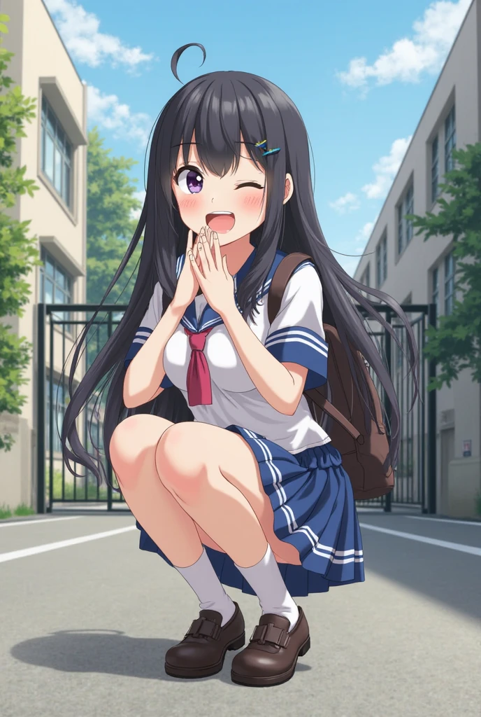 top-quality、​masterpiece、1girl in、kawaii、hi-school girl、a tumble、Sit on the ground with your legs open、Kamimei、Staring at me、A look of embarrassment、Pants are visible、Panties with a variety of patterns