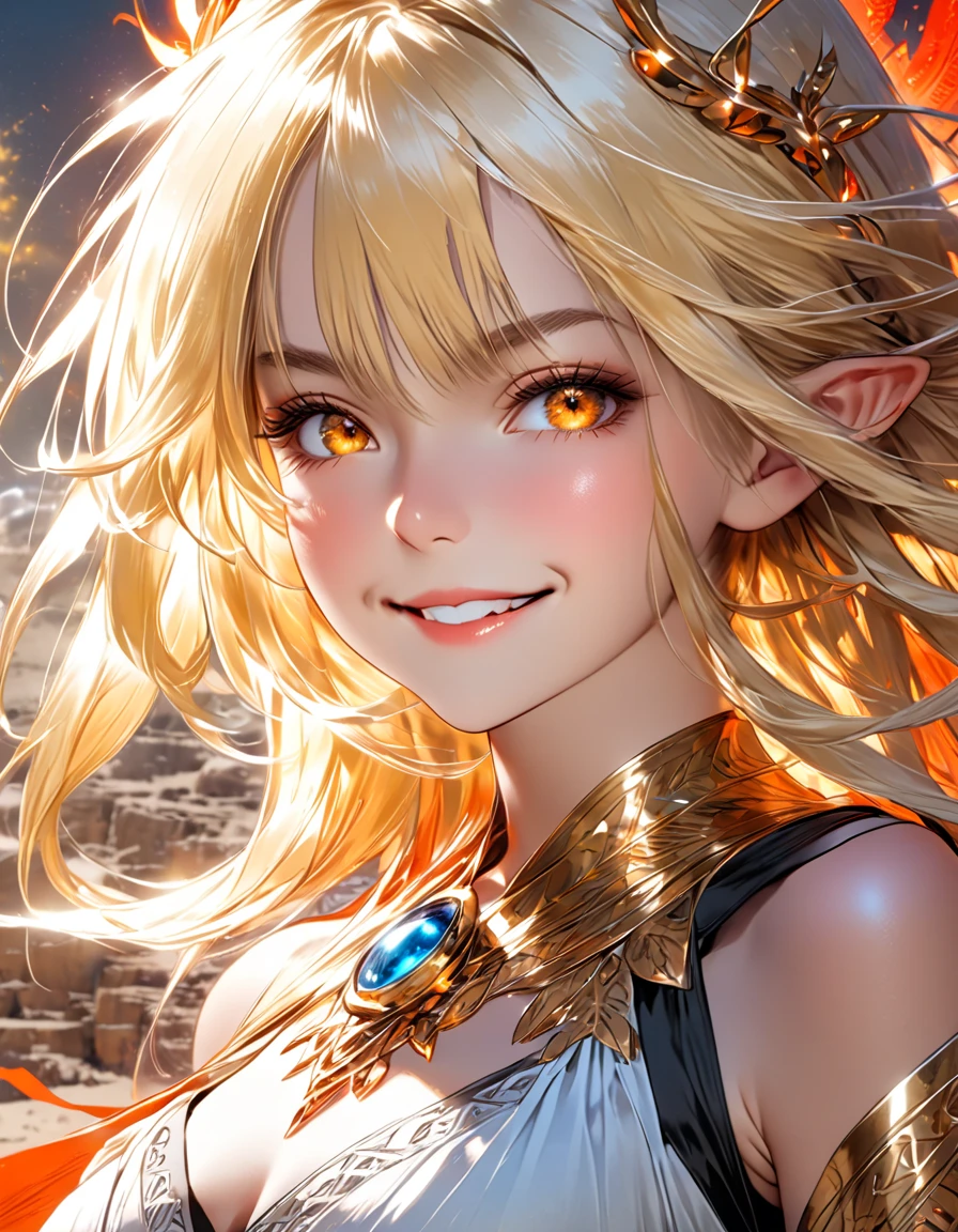 A 22-year-old elven goddess of the sun, her broad square face with a ...