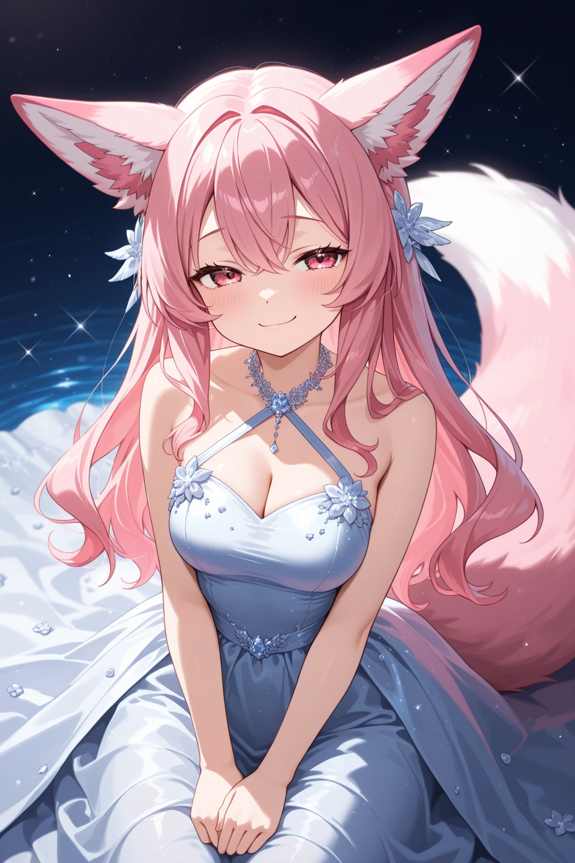 (best quality,Amazing,masterpiece,delicate,ultra high res,ultra detailed,intricate detail,beautiful detailed,finely detailed,8K,sharp focus,(extremely detailed CG, 8k), (white body:1.4, pink and white ears:1.5, arctic Fox, furry female, Fox tail:1.4, pink tip of the ears:1.7, big breasts, pink iris:1.3, pink claws, sexy expression:1.3, white hair with pink highlights:1.6, erect breasts:1.3, detailed eyes, small nose, hairy, Very fluffy thighs:1.5, Chubby:1.3, sexy, pink tip of the tail:2.2, (chest fluff:1.5), detailed eyes, sexy, thick thighs:1.1, teenager:1.5, busty, short stack:1.21, breathless, Very fluffy body, Very fluffy thighs:1.4, medium hips:0.9, cute expression:1.3, long hair:0.96, furry body, perfect posture:1.2, ((perfect Anatomy)), emo hair, hair covering eye:1.8, sfw, solo, fluffy fur, detailed fur:1.5, looking at viewer, detailed fur:1.8, furry body:1.9, fluffy fur:1.9, fluffy thighs:1.7, golden earring on ear, small ears:1.7, cat ears:1.5, fluffy ears, pink eyeshade:1.8, sexy pose, standing, short stack:1.3, walking, long dress, leakage of thighs, cleavage, stylish, two tone purple dress, stars patterns on dress, stars dress, stars on dress, pink nose, Fox snoot, thick thighs:0.9)