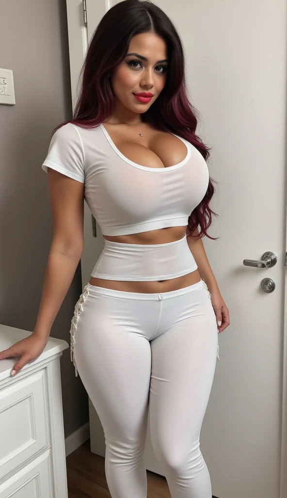 ((((masterpiece, best quality)))), ((33 year old)), (((Curvy))), ((Latina with long red hair)), in ((white tanktop)), ((white high cut panties)), ((Red lipstick)), ((Standing in a messy bathroom)), (((photo realistic)))