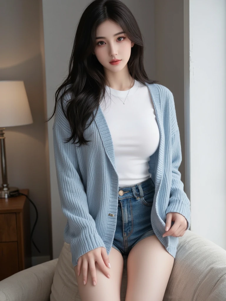 (absurdres:1.3),8K,(detailed photograph:1.5),(detailed face and skin:1.3),(ultra high res:1.5),(photorealistic:1.5),symmetric clear eyes,well-groomed face,(ray tracing:1.3) ,1girl, Japanese,high college girl,(large breasted jacket, Turtleneck sweater, denim shorts:1.2), BREAK (presenting panties),(detailed light blue small sexy lace panties:1.2),masterpiece, best quality, highly detailed,library,lightBrown mideum straight hair,focus panty,cinematic lighting,(blushing:1.3),(Stain on crotch of panties:1.4),big smile,(Slender body1.3),