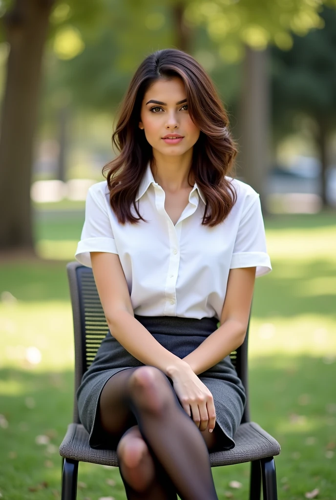 photo of stunning Moroccan woman with tousled hair, flirty, sits in the classroom, drawing on a blackboard, Short navy blue skirt, unbuttoned white blouse, messy bun, Camera Above, voyeur, intimate, Warm glow on her face and body, computer, Concentrated, skin and black hair, highly detailed skin, Partially nude. cinematic 4k epic detailed 4k epic detailed photo