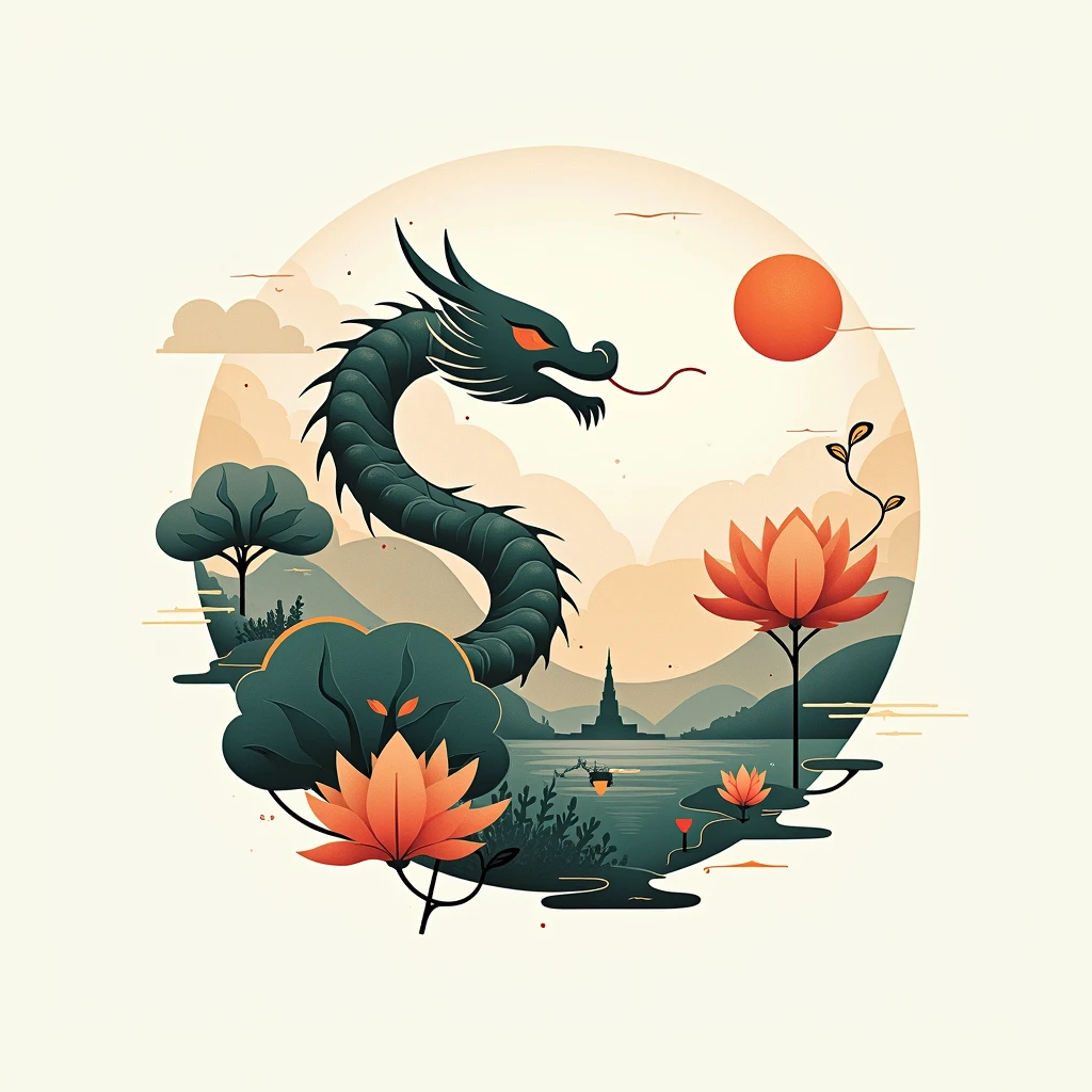School logo。Natural and simple atmosphere。Dragon and river motif。The school name is Dechencholing Higher Secondary School.。Schools in the Kingdom of Bhutan。capital。Providing cutting-edge education。The main color is #00aff0ff　Using。A design that stands out when cut into a circle。