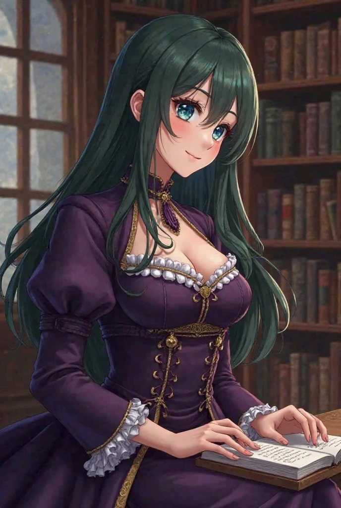 Masterpiece, best quality, 1_woman, (upper body), (Caucasian skin_complexion), mature, (looking at viewer), head turned, smiling, teal hair, long double hair braids, bright teal hair, diamond shaped eyes
, large_bust, chest window, cleavage, dark blue (Victorian blazer), white halter top blouse, double button breast, long dark blue (mini skirt), silver trim, black tights, black heels, small waist, perfect hands, standing in library, library,