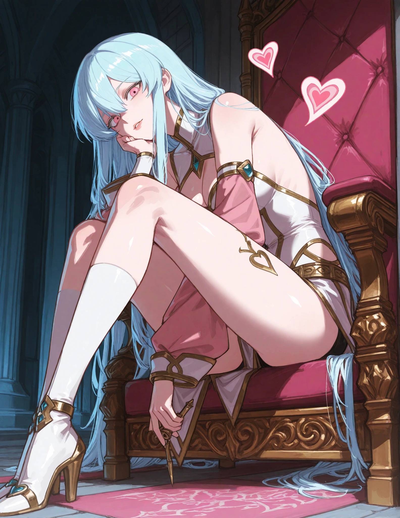 cabelo roxo, Greek goddess, sculptural body, super detailed hand, super detailed face, hyper detailed body, No defects, blue eyes, focused eyes, pretty detailed eyes, pale skin, blushed face, crown on head, long hair, slickedback hair, coiffure, expression of pleasure, fearless stance, partes do fully body, entire limbs, fully body, pink hair, gorgeous fur, high resolution, 4K, lined eyes. fully body, toned thighs, small feet, Waist slender, big-ass, Unclothed, small foot, role model, best qualityer, legs open, exposed pussy, invitation, showing pussy, Crouching position, leg wide open, Point of view, inside the bathroom, right hand on breast, left hand on thigh