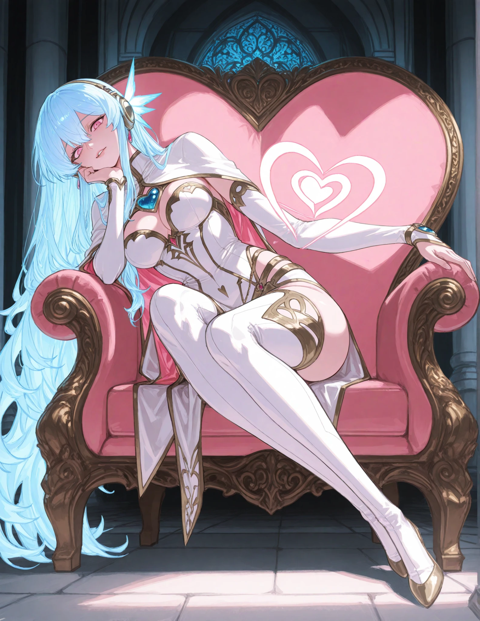 (((shenhe from genshin impact ))), ((((( in her white bunny suit ))))), a little big boobs , ((( sitting on red chair ))) , (( proper hands )) , (( best quality image )) , (( simple style image )) , ((Shenhe's hair is parted off-center with evenly cut locks that flow just past chin-length framing her face, one side covering her right eye, the rest styled in a low, loose, thick braid fastened at the top below her shoulders with a red cord tied in a bow with her Cryo Vision mounted on it.)) , (( single braid )) , ((( her hair colour silvery white at the roots to inky black at the ends))) , ((( heart pillows behind her )))