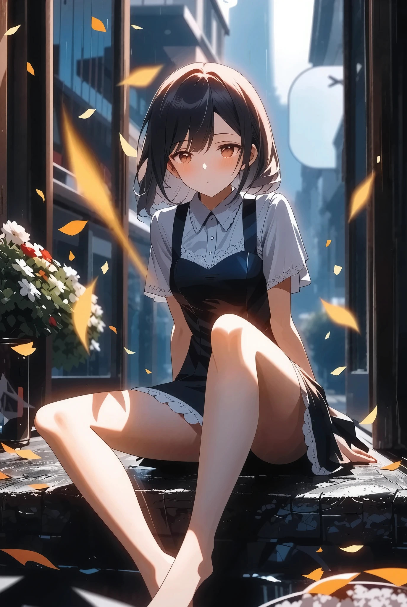 1 girl、Maid、sitting、frill socks、from below、 Ashikiri、I'm embarrassed、bike shorts、puffy lips、toeless legwear、cross race legwear after it stops raining、masterpiece、best quality、uncensored