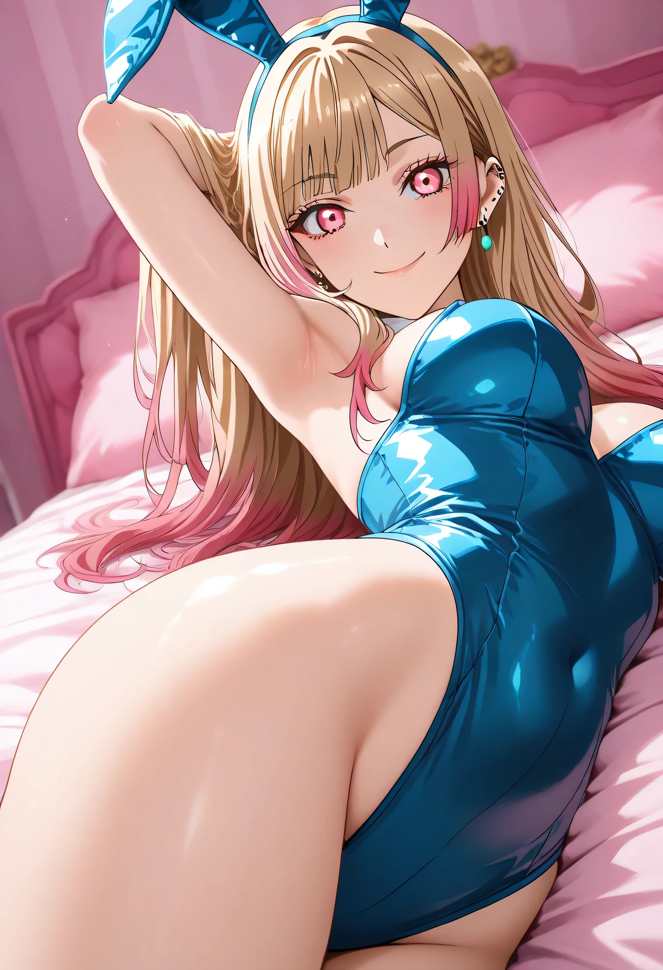 (masterpiece, best quality, ultra-detailed),nsfw,cute and beautiful girl,(strapless,elegant purple mini dress:1.3),BREAK,(white silk panties:1.2),(spread legs:1.2),(arms up),medium breasts,light purple eyes,BREAK,blonde hair,wavy hair,ponytail,BREAK,(lying),on back,on the bed in the bedroom,cowboy shot,from below,embarrassed,necklace,earrings