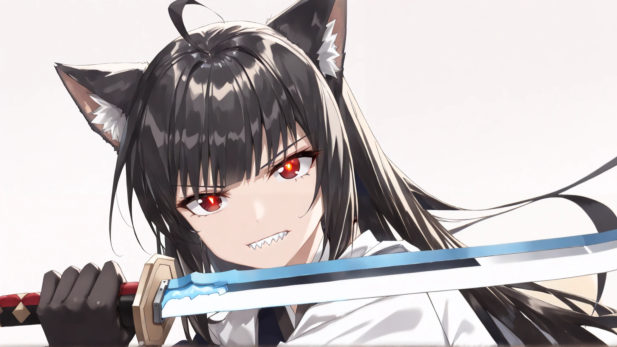 solo, masterpiece, hires,high resolution, best quality, (action shot) of bratz, large breasts, beautiful, black Shinigami battle dress, ((cat girl, cat black ears)), (red eyes), (long hair), (( black hair, (Ahoge), straight bangs,)),, (hollowfication:1.3), glowing eyes, spiky teeth, looking at viewer, (hailoknight, Solo, 1girl, holding glowing katana infront of her, holding sword:1.4), photoshoot, on top of a large colomn, nighttime, white desert background
