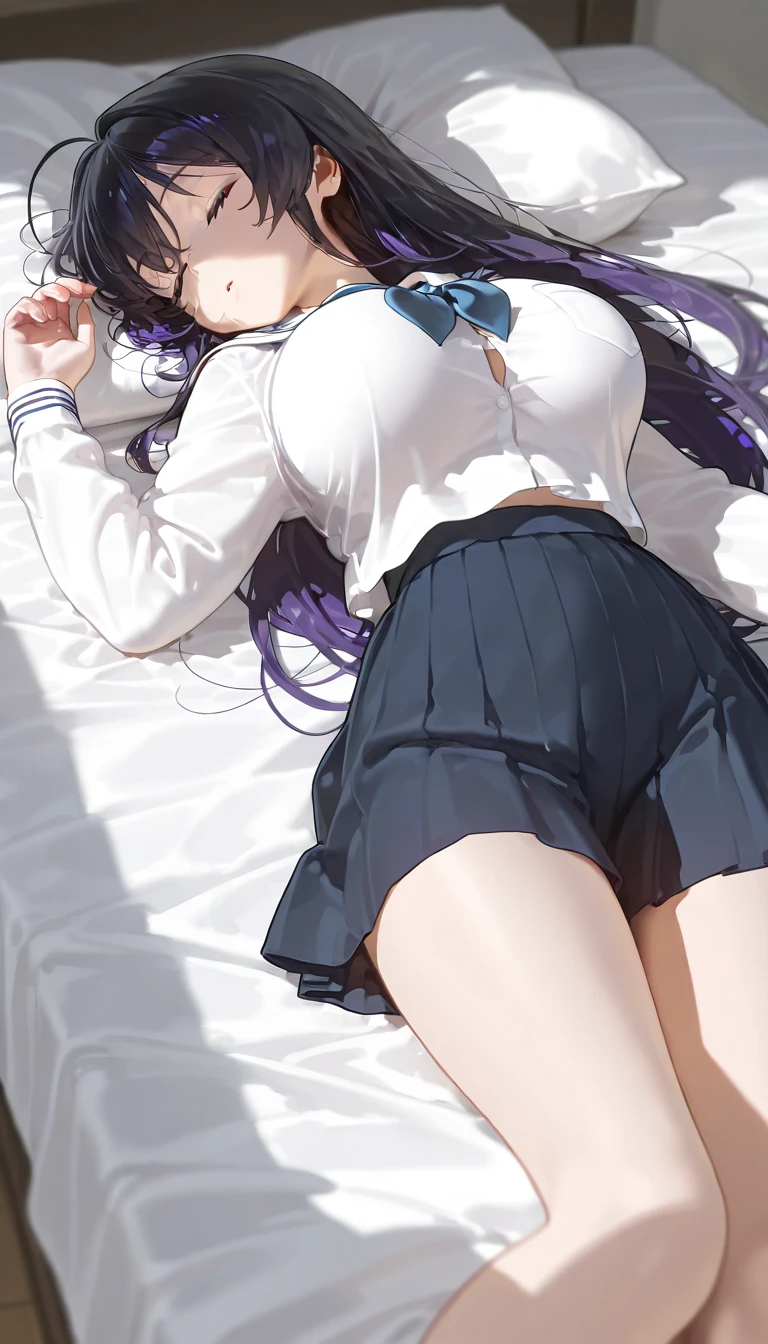 Wearing a JK uniform,Wear only a bra on the upper body,Lie down in bed,Spread your legs, semen on thighs, semen on head,
