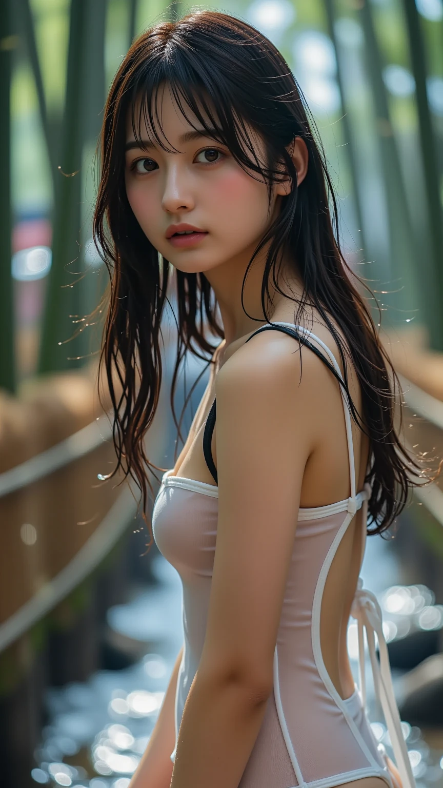 (Best-quality, Masterpiece, Ultra-High-Resolution, (Photorealistic:1.4), Raw Photo, depth of field, professional lighting, perfect anatomy, extremely details), 1girl, 15-years-old, the most famous Japanese idol, standing on street in heavy-rain, ((wearing extremely wet summer-dress-with-cute-design from heavy-rain)), ((detailed heavy-rain):1.6)