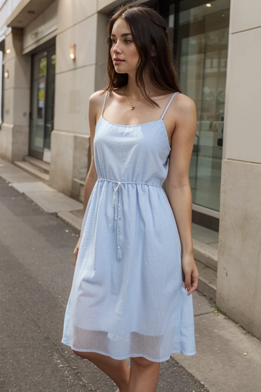 a beautiful woman with brown hair, blond faded, walking in a city, wearing long blue dress, instagram, no makeup, white shoes, detailed face