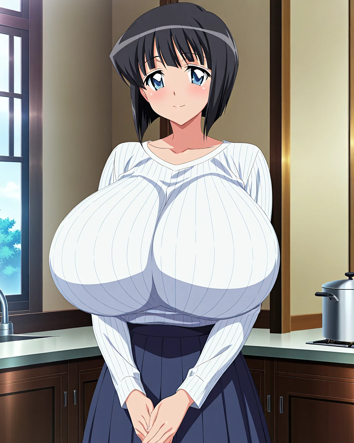 (超High resolution,4K,Very detailed, photograph, 8K, High resolution, High resolution, Absurd:1.2),35-year-old Japanese woman,Mature Body,expensive,(Long black hair:1.4),Beautiful character design,Beautifully detailed eye depiction,Perfect Face,Expressive eyes,Brown eyes,(Smiling with teeth showing:1.4),(Blue Turtleneck Sweater, No sleeve,Tight knit skirt:1.2),(Huge breasts:1.2),Tight waist,In the living room,Daytime,(upper body)