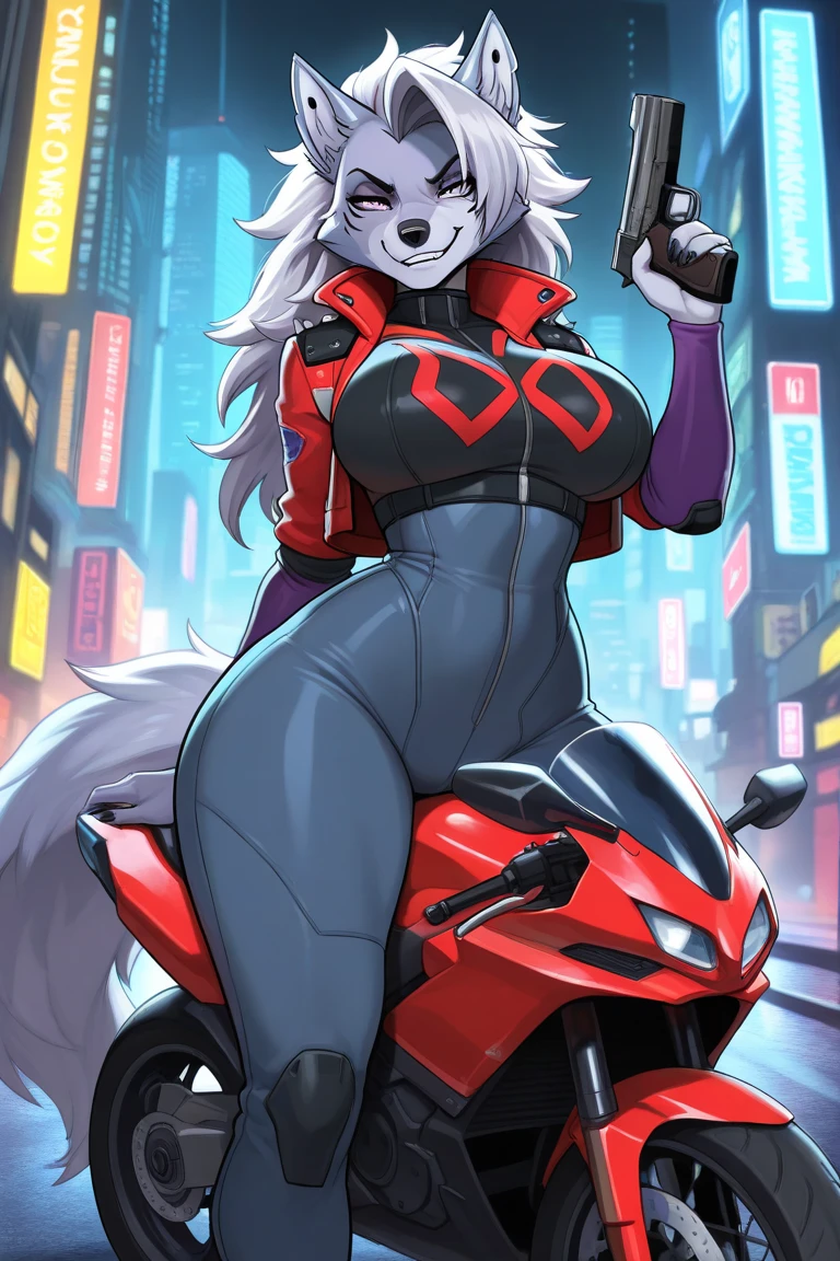 (((by fluff-kevlar, by Zackary911, by Kenket, by Kilinah))) , ((female, long white hair, boobs under black sleeveless top, purple motorbike suit:1.8)), (wolf o'donnell:1.2), detailed red eyes, black iris, detailed fur, detailed tail, muscular toned body, thigh highs, city, riding a black and red motorcycle, fluffy wolf tail, cyber city, neon, driving on the city highway, full of lights, night, nigh sky, stars, moon, perspective, cinematic lighting, medium shot, street view