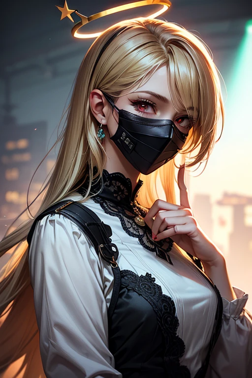 good hand, 4k, best quality, chinese, in the workplace, wearing face mask, business outfit, sweaty, sharp focus, soft lighting, skinny, enormous breasts, 1girl, jewelry, earrings, long hair, blond hair, extremely messy hair