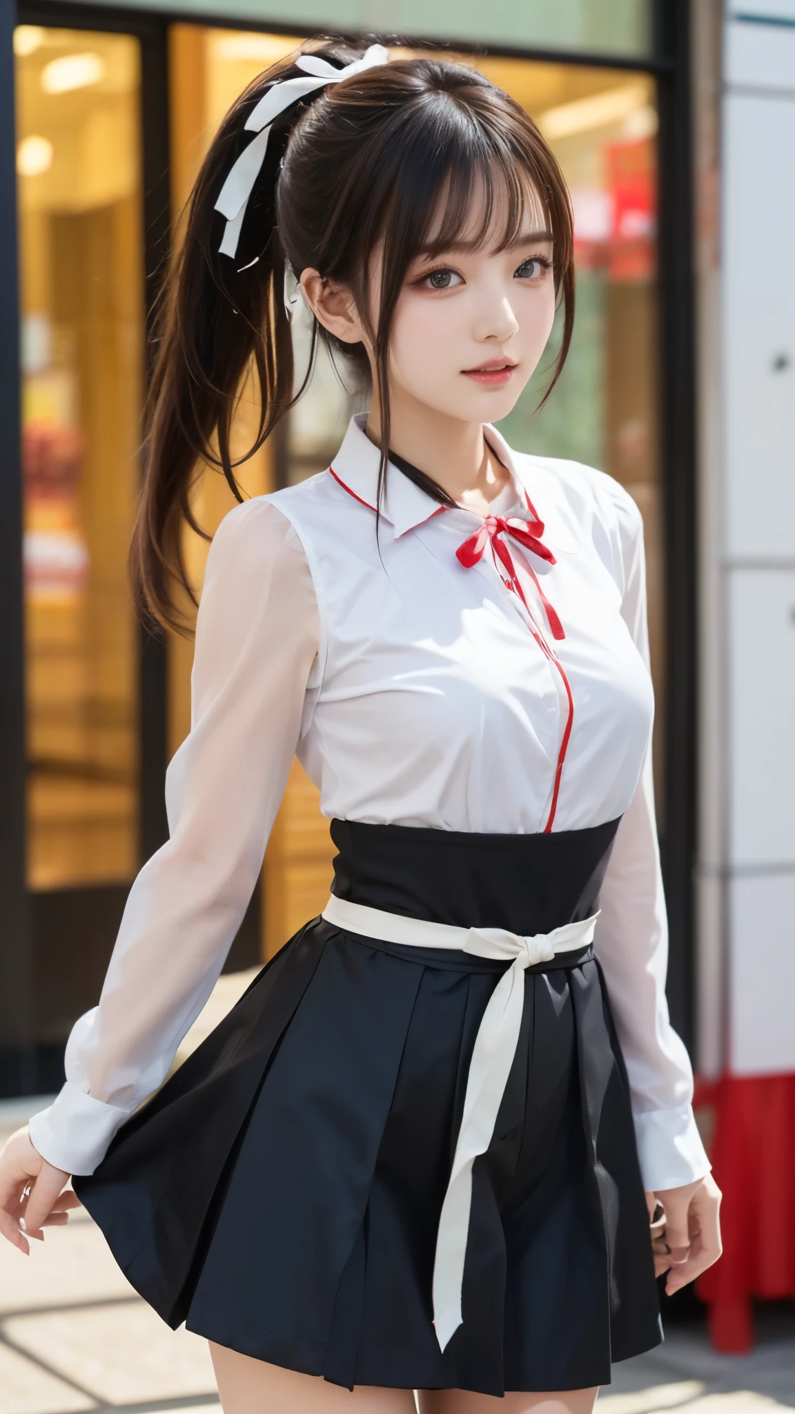 ((Windswept Hair and Skirt :1.3)), photorealistic:1.32、best quality、ultra high definition、the most beautiful Japanese girl pictures、 CUTE AND BEAUTIFUL FACE DETAILS、Xiaoyan、(Purelos Face_v1:0.008)、美しいbungs、、Shine, fair, growing skin、((One person)), hair entangled in the face 、顔まで伸びるbungs、bungs、hair between eyes、Lower body in panties、 bright、(tight waist:1.2), 澄んだ瞳が魅力的にShine、dynamic pose、best quality、 disorganized 、((the cutest girl in the world))、Japanese、((idol costume with ribbon:1.4))、(ponytail:1.3)、( ties with thin white ribbons )、cute and cute、 let me eat 、(( mischievous face))、Chest、(small breasts in Mbini:1.3、Beautiful sideboob:1.2)、(cute standing pose that is making Ku:1.ide tail、brown hair、constricted、beautiful eyes in every detail、viewers、upper body、face close-up、Front Map、(detailed hands:1.3、perfect right hand:1.2), (美しいXiaoyan, High nose, Beautifully shaped lips ), (detailed hands:1.3, perfect right hand:1.3, fine fingertips down to the smallest detail:1.2)