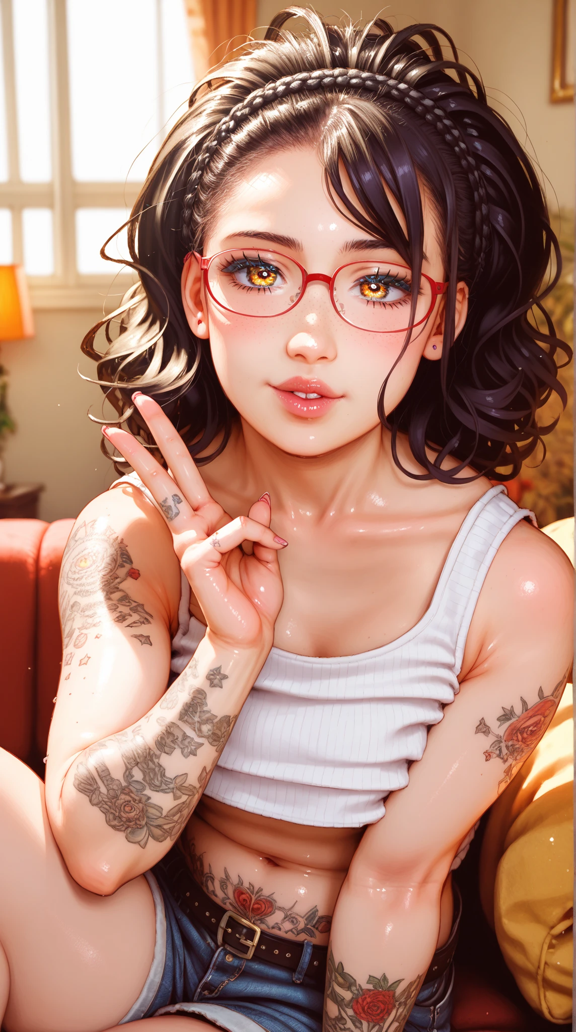 There is a lady wearing a leopard print blouse and blue shorts, non-style artwork by guweiz, realistic art style, high resolution committee, casual posture, realistic anime 3d style, style art, Extremely detailed artger, Realistic rendering of anime girl, [ digital art 4k ]!!, anime digital illustration, Detailed digital animation artwork
