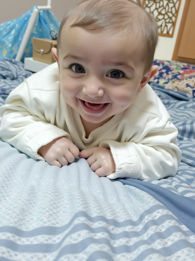 there is a that is laying down in a blanket, Riyad Cassim, José Miguel Roman France, holding it to the camera, captured on iphone, facing forward the camera, looking directly at the camera, full round face!, Asher Duran, album photo, facing forward, looking directly at the camera, looking at the camera, welcoming grin, smiling lightly
