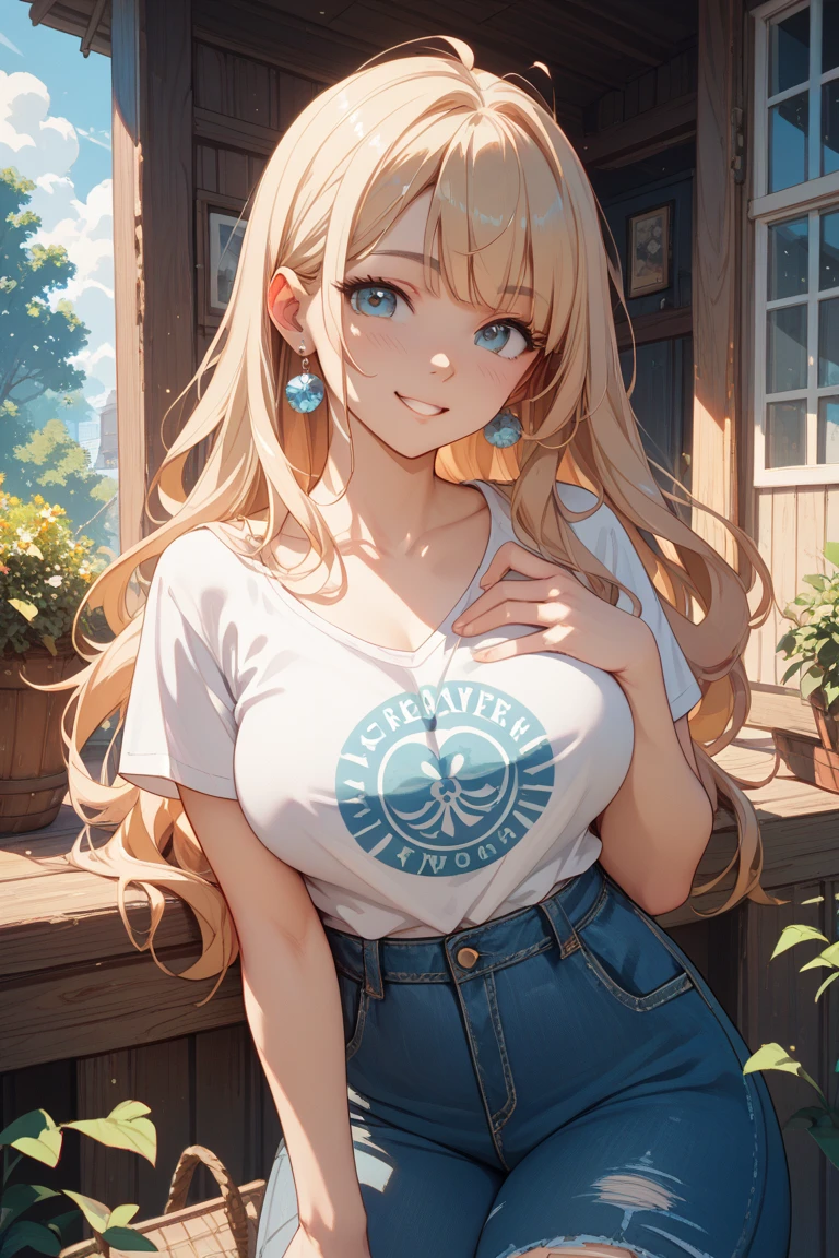 #基本 
A girl is posing for a photo, ((One Girl)), (((Baby Face:1.2)) + ((cute:1.3))), 
#A girl is posing for a photo, ((One Girl)), (((Baby Face)) + ((cute)) + 16 years old), 
break 

#Clothing Accessories 
((Black T-shirt)) + ((Blue denim skinny pants)) + (Black High Heels) + (Black choker), 
(Gold hoop earrings), (gold fancy bracelet), 
break 

#Features 
((Blonde)), ((Shoulder-length horizontal hair)), (Long Hair : Long Hair + Voluminous Hair + Fuller Hair + Wavy Hair),  
((Droopy eyes), blue eyes, (Big eyes:1.4)), (Small breasts), 
break 

#background environment 
(noon, (sunlight shines, Azemichi, Rural landscape)), 
#Facial Expression Pose 
((smile)), ((Standing with an air of elegance, Put your hands behind your head)), 
#composition 
(Face the camera, (Focus from the front), (Cowboy Shot)), 
break 

#Body parts elements 
(Slim figure), 
(Detailed Hair, Beautiful Hair, Shiny Hair), 
(double eyelid, Long eyelashes), 
(Expression of fine eyes, Beautiful and delicate eyes, Sparkling eyes, Eye Reflexes, Glitter Eyeliner), 
(Human Ear), 
(Beautiful Nose, Thin Nose), 
(Glossy Lips, Beautiful Lips, Thick lips, Glossy Lips, Natural Cheeks), 
(Detailed face, Symmetrical facial features), 
(Detailed skin, Textured skin, Beautiful Skin, Glowing Skin), 
break 

#Quality Image Quality Common 
(((Highest quality)), ((masterpiece)), ((Very detailed))), ((Ultra-high resolution)), ((16K, 1080P)), ((FHD)), 
(Anatomically correct), (Realistic), (3DCG), (oil), 

#Quality image illustration 
((comics, anime)), CG illustration, 
