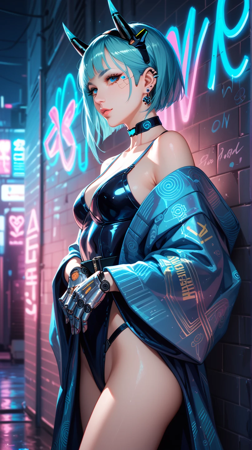 (photorealistic:1.8, highest quality:1.8,8K masterpiece:1.8,High resolution,muste piece:1.8,RAW Photos,cinematic lighting),
cyber punk、Back alley at night in the city、rain-soaked ground、vapor、
(1 android girl:1.3)、Completely naked、Heart-shaped nipples、bondage、choker、knee high tights、Nipple piercing、beautiful butt,beautiful thighs,plump nipples,Nipples are visible through the costume、(Rei Ayanami)(character focus)、
(short Hair:1.2,Beautiful shining blue lime hair:1.5)、
(elation:1.4)、Disdainful、
plump nipples、(cameltoe),No split screen,slender abs:1.2,(Young sensual gravure idol)