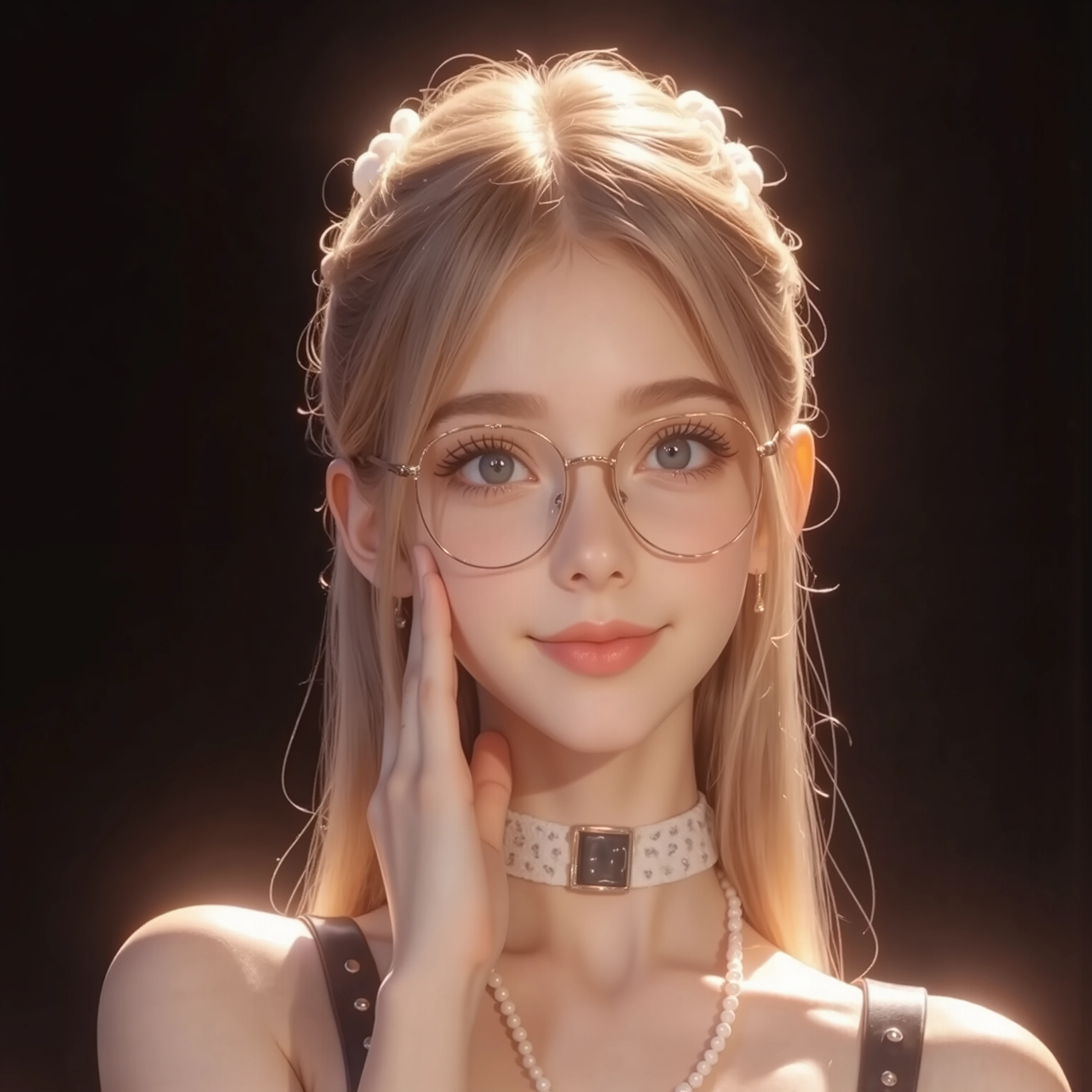 ((Bust,bust))((Wearing gold-rimmed glasses))((One hand holds the cheek))((One hand holds the cheek))(((Place your right hand on your cheek)))(( masterpiece, Top Quality, high resolution, highly detailed CG unified 8,000 wallpaper, 未经处理的photo)),front,( 8,000 Ultra HD、DSLR、Soft Light、high quality、Volumetric Lighting、frank、photo、high resolution、4K、 8,000、Bokeh),(detailed eye and facial details, warm color , Very Saturated,to show a charming smile, perfect face, pretty face, dark eyes , Clear Skin Visible , white zepi ,cosmetic, necklace, Jewelry),(Create stunning images of real girls, Warm light, dynamic pose, Elegant posture , cowboy lens, 从front看起来很自信 ,facing camera, golden ratio graphic, Minimalist, ), (Learning background), Russian schoolgirls,light blond hair、Gradient Hairstyle,(sexy, Perfect breast shape 、 very detailed breasts , 34E Cup ),(High waist, waist hollow ,Levan )(pink purple background)(The background has a light effect,Halo,Rich background)