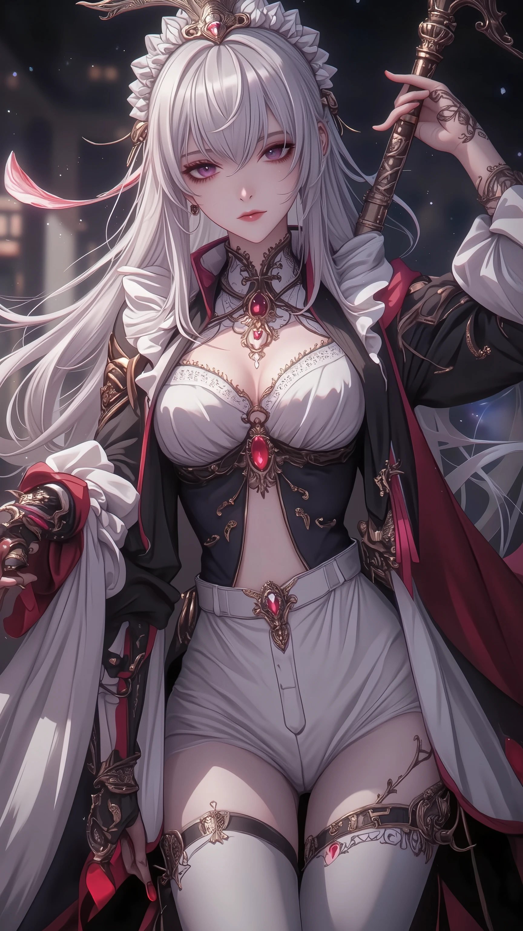 vampire, short white hair, maleficent, red cape, girl, adult