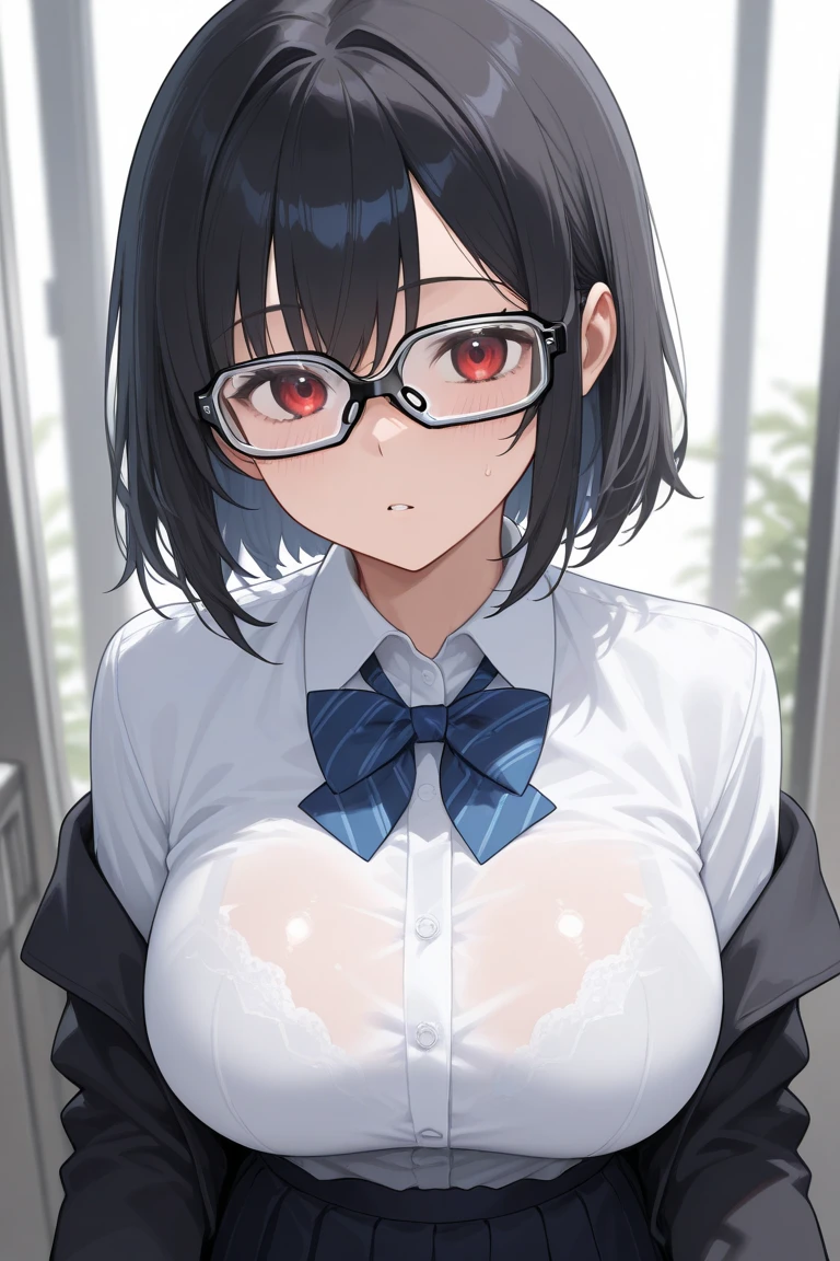 a naked girl of 18, short black hair, Red eyes, office glasses, with a very angry and furious face, completely naked, nude, covered in cum all over her face and body. a lot of liquid between yellow and white throughout his body, very excited.