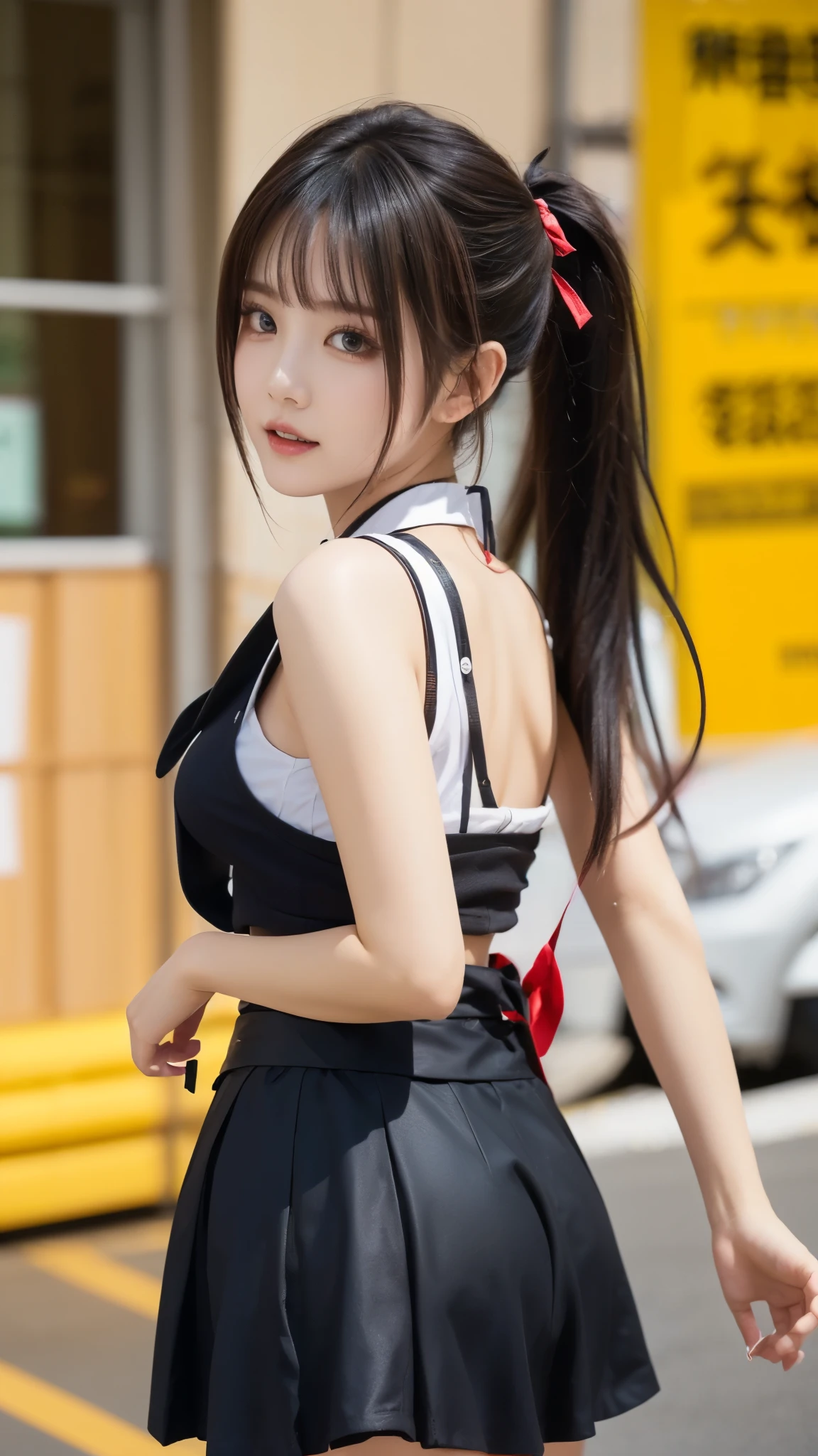 ((Windswept Hair and Skirt :1.3)), photorealistic:1.32、best quality、ultra high definition、the most beautiful Japanese girl pictures、 CUTE AND BEAUTIFUL FACE DETAILS、Xiaoyan、(Purelos Face_v1:0.008)、美しいbungs、、Shine, fair, growing skin、((One person)), hair entangled in the face 、顔まで伸びるbungs、bungs、hair between eyes、Lower body in panties、 bright、(tight waist:1.2), 澄んだ瞳が魅力的にShine、dynamic pose、best quality、 disorganized 、((the cutest girl in the world))、Japanese、((idol costume with ribbon:1.4))、(ponytail:1.3)、( ties with thin white ribbons )、cute and cute、 let me eat 、((A facial expression that tempts the opposite sex))、Chest、(Highlighted Small Breasts:1.3、Beautiful sideboob:1.2)、(cute standing pose that is making Ku:1.ide tail、brown hair、constricted、beautiful eyes in every detail、viewers、upper body、face close-up、Front Map、(detailed hands:1.3、perfect right hand:1.2), (美しいXiaoyan, High nose, Beautifully shaped lips )