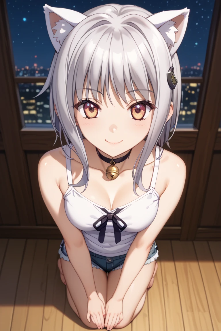 masterpiece, best quality, <lora:kamishiroalice-nvwls-v1-000009:0.8> kamishiro alice, hair ornament, camisole, cleavage, jean shorts, midriff, sitting, couch, looking at viewer, head tilt