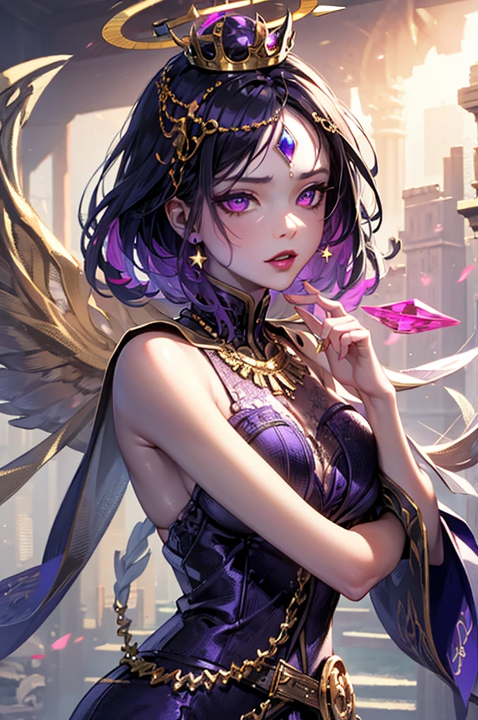 Vampire Queen Combat Dress (Radiant Royal Cloak: 1.2) Black and Purple Color, Original Character, Masterpiece, Tempting Purple Eyes (Multicolor High Ponytail 1:1.2) Purple Gemstone Accessories Gold Belt, Gold Necklace, Wind Evil and body floating effect, Soft Moonlight, (extremely delicate beautiful eyes and depression but arrogant eyes), unique crown, (Corruption Tattoo on 1;1.25), 16k wallpaper style,bare shoulders, cute, petite, solo, stars, stardust, (iridescent hair, colorful hair, half purple and half pink hair: 1.3), wet body detailed, creative, killing scenario, (magical, mythic,fantasy), legend horny, (Super Model Body Shape, idol, seducing body, attractive, gorgeous, charming, majesty, Sexy Devil aura), blush, pink lips, cinematic lighting, full body close-up, scale up