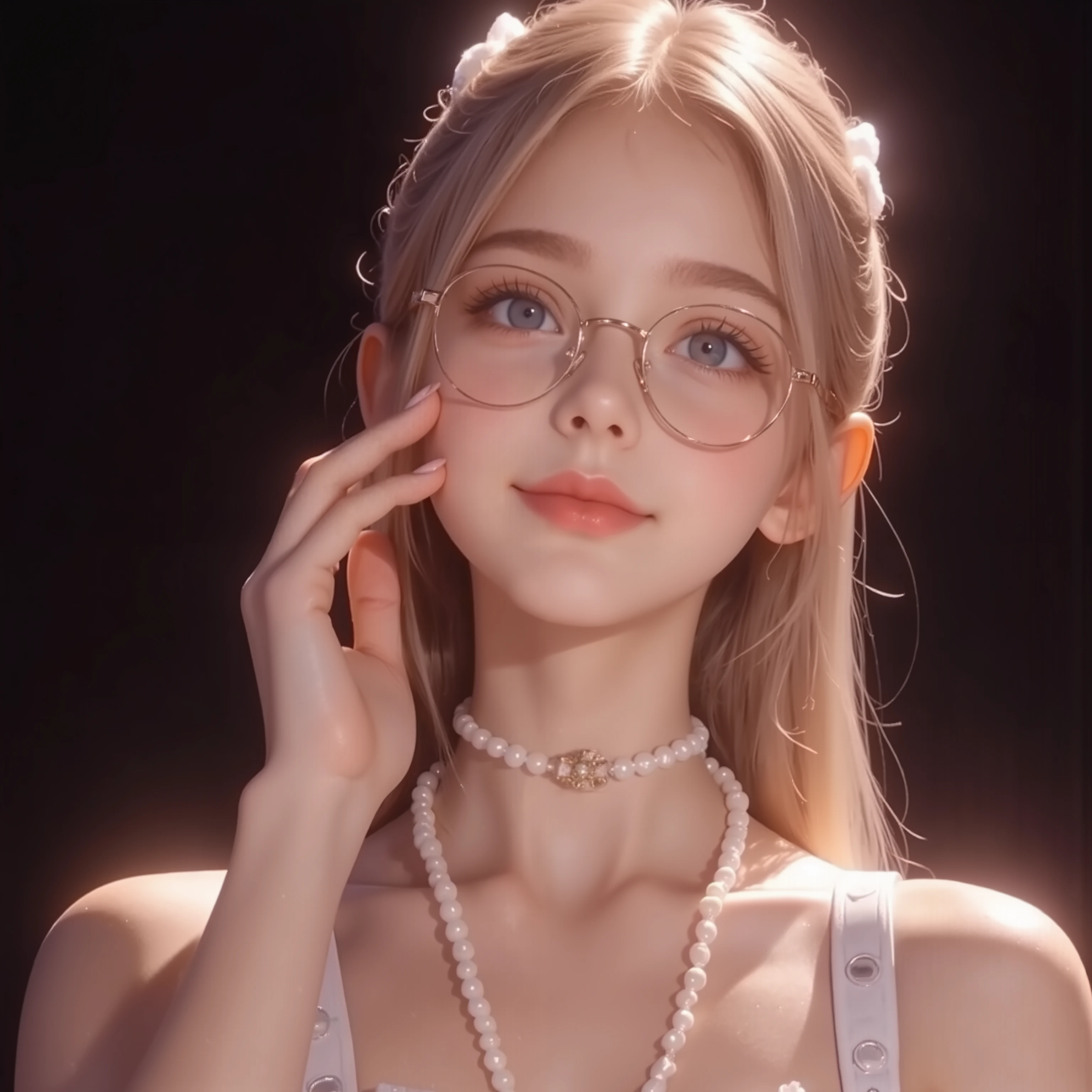 ((Bust,bust))((Wearing gold-rimmed glasses))(look up)((One hand holds the cheek))((One hand holds the cheek))(((Place your right hand on your cheek)))(( masterpiece, Top Quality, high resolution, highly detailed CG unified 8,000 wallpaper, 未经处理的photo)),front,( 8,000 Ultra HD、DSLR、Soft Light、high quality、Volumetric Lighting、frank、photo、high resolution、4K、 8,000、Bokeh),(detailed eye and facial details, warm color , Very Saturated,to show a charming smile, perfect face, pretty face, dark eyes , Clear Skin Visible , white zepi ,cosmetic, necklace, Jewelry),(Create stunning images of real girls, Warm light, dynamic pose, Elegant posture , cowboy lens, 从front看起来很自信 ,facing camera, golden ratio graphic, Minimalist, ), (Learning background), Russian schoolgirls,light blond hair、Gradient Hairstyle,(sexy, Perfect breast shape 、 very detailed breasts , 34E Cup ),(High waist, waist hollow ,Levan )(pink purple background)(The background has a light effect,Halo,Rich background)