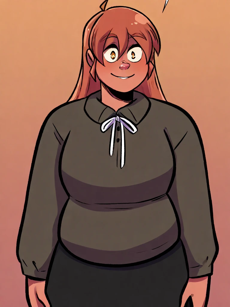 Brown long fluffy hair, fluffy hair, bear ears, bear, big breasts, attractive, turtleneck sweater, turtleneck, thicc body, thicc, freckles, freckles on face smug expression, smug smile, skirt, black skirt